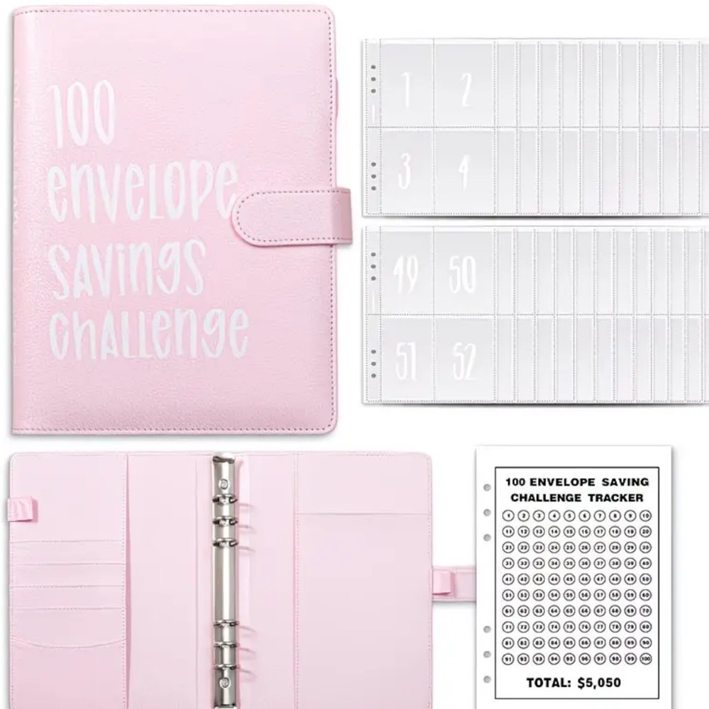 100 Envelope Savings Challenge Binder Pink Cash Budget Organizer